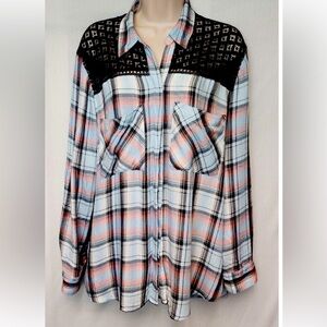 Express used Womens Plaid Crochet Button Up Shirt XL Split Back Long Sleeve Top.